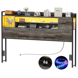 Unikito Headboard for Queen Size Bed, Bookcase Style Head Board with Power Outlet and RGB LED Light, Reversible Headboard with Storage, Height Adjustable, Sturdy and Stable, Queen Size, Black Oak