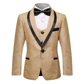 Boys Gold Tuxedo Suit Shiny Festive Dress 3 Pieces Blazer Pants Vest for Wedding