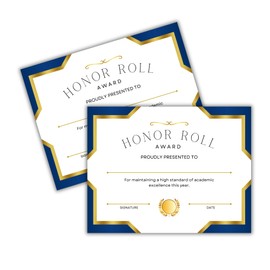 Honor Roll Award Certificate 50pk 8.5x11” A+ Grades of Graduation GPA Recognition National Society Valedictorian Ceremony Gold Navy