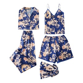 Escalier Womens 5pcs Silk Satin Pajama Set Cami Pjs Sleepwear Button Down Pj Sets Loungewear (Navy, Large)