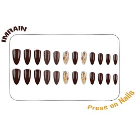 IMRAIN Thanksgiving Press on Nails Medium Almond Fake Nails Fall Brown Glossy Glue on Nails Full Cover Glitter Artificial Stiletto Stick on False Nails for Women 24Pcs