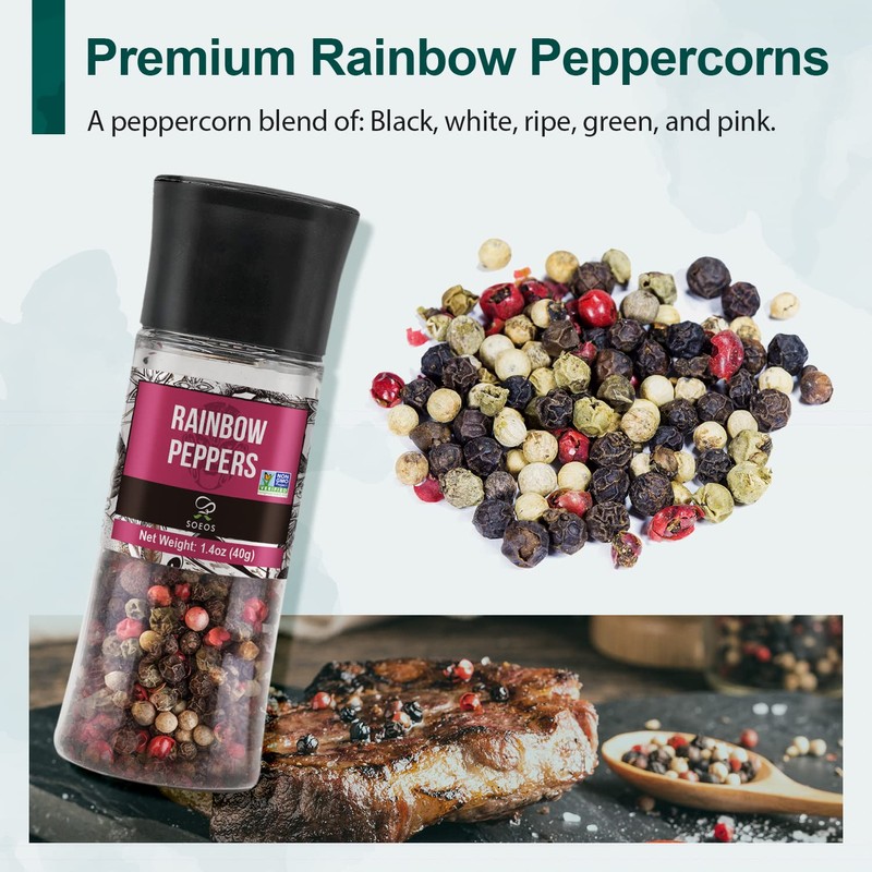 Soeos Black Peppercorns + White Sea Salt + Rainbow Peppercorns