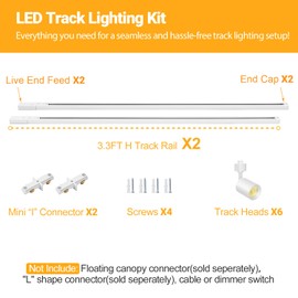 VANoopee 6-Light LED Track Lighting Kit with 6.6FT H Type Track Rails, Dimmable Track Light Heads Bright Ceiling Spotlight Fixture for Kitchen Accent Art, 3000K Warm White, No Flicker 10W 800lm White