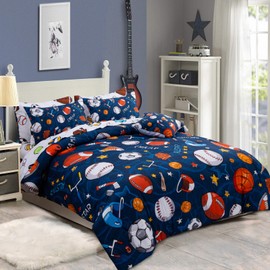 A Nice Night A Nice Night 6Pcs Bed in A Bag Twin Sports Microfiber Modern Comforter Set,Navy Rugby Ball Printed Bedding Collections,for Boys Kids Teen