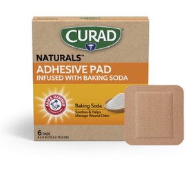 CURAD Naturals ARM & Hammer Baking Soda Adhesive Pads 4" x 4", Individually Wrapped Sterile Bandage, First Aid Kit Essential, Protects Scrapes and Cuts, Absorbent and Self-Adhesive, 6-Count Box
