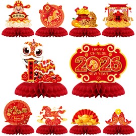 10 Pcs Chinese New Year Honeycomb Centerpieces Decoration 2026 Year of The Horse Ornaments Signs Red and Gold Table Toppers Table Centerpieces Lunar New Year Party Supplies