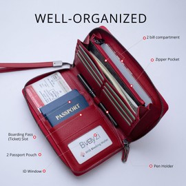 Travel Document Organizer RFID Blocking Leather Multiple Passport Wallet Family Holder Id Wrist Strap(Wine Red)