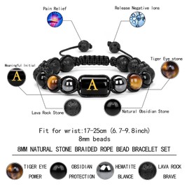 Vinswet Initial Beaded Bracelets for Men,8mm Tiger Eye Obsidian Hematite Triple Protection Bracelet, Natural Crystal, tiger eye