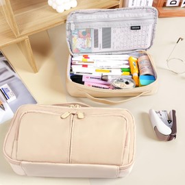 Pencil Case Large Capacity Pencil Pouch Pen Bag with Handle, Portable Pencil Case Pencil Bags with Zipper Student Pencil Cases Stationery Bag for Girls and Boys Teen Adults Women (Beige)