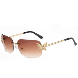 Cyxus Rectangle Y2K Rimless Sunglasses For Women Retro Frameless Vintage Square Tinted Glasses 1166 Orange