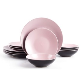 HomeVss Stoneware Two-Tone Colors Life 12pc Dinner Set，Outside Shiny Black + Inside Matte Glaze Rose