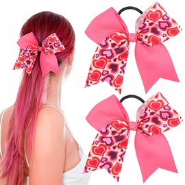 Valentines Hair Bows Ties Large Cheer Hair Bow Pink Bowknot Heart Elastic Hair Ties Bands Love Heart Cheerleader Hair Rope Ponytail Holder for Women Girls Teen Women Hair Accessories 2Pcs
