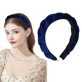 Velvet Braided Headband Women's Headband Wide Hair Band Vintage Padded Headband Fashion Headbands Hair Accessories Headband for Women Girls Blue
