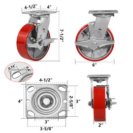 NINOSO 6" Casters Set of 4 Heavy Duty Industrial Caster Wheels with Load 4800lbs Capacity, Polyurethane Wheels for Workbench,Tool Box,Dolly(2 Brake & 2 Rigid)
