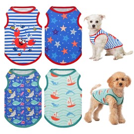 Vehomy 4-Pack Dog Summer Shirt Soft Cotton Cat Sleeveless Shirts Pet Stripe Tshirt Tank Tops Vests with Sea Fish Patterns Kitten Puppy Summer Clothes for Small Medium Dogs M