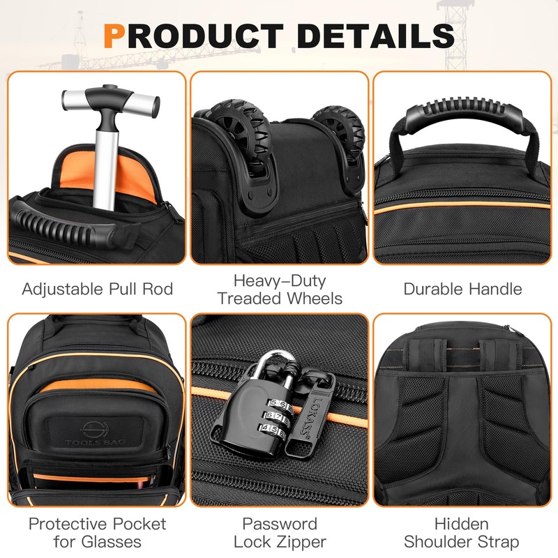 Rolling Backpack Tool Bag with Wheels, Heavy Duty Electrician's Tool