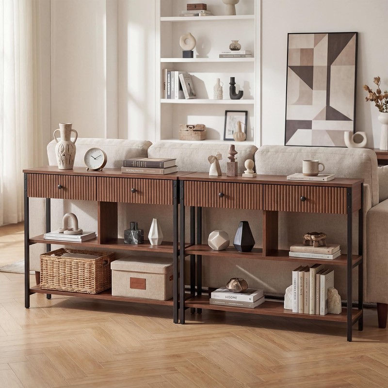 Manora Fluted Console Table with Wooden Drawers, Slim Entryway Table