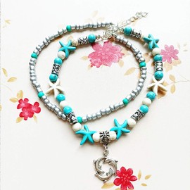 Lovogue Moon Crescent Anklet Bracelet Turquoise Multilayer Hands Tassels Foot Chain Jewelry for Women (#5)