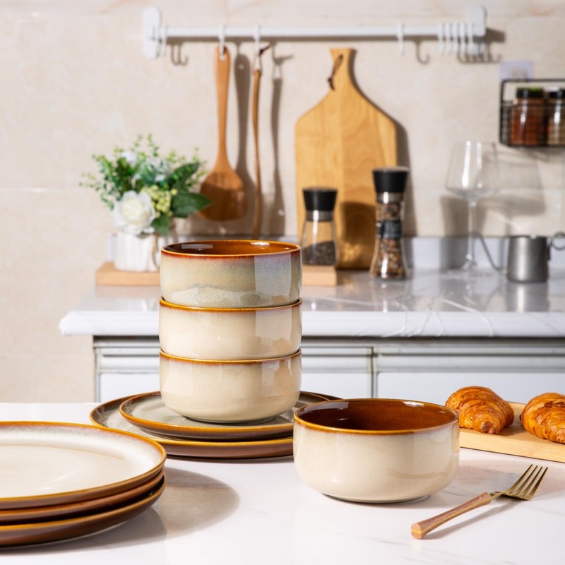 LeRatio Ceramic Dinnerware Sets for 6,Poreclain Plates and Bowls Sets,Handmade