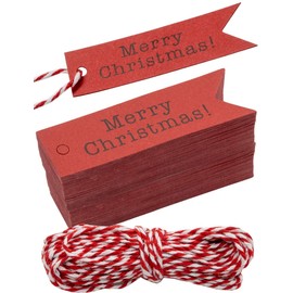 HomeTools.eu® 100 Kraft Paper Gift Tags with 10 m Jute Twine Merry Christmas Red