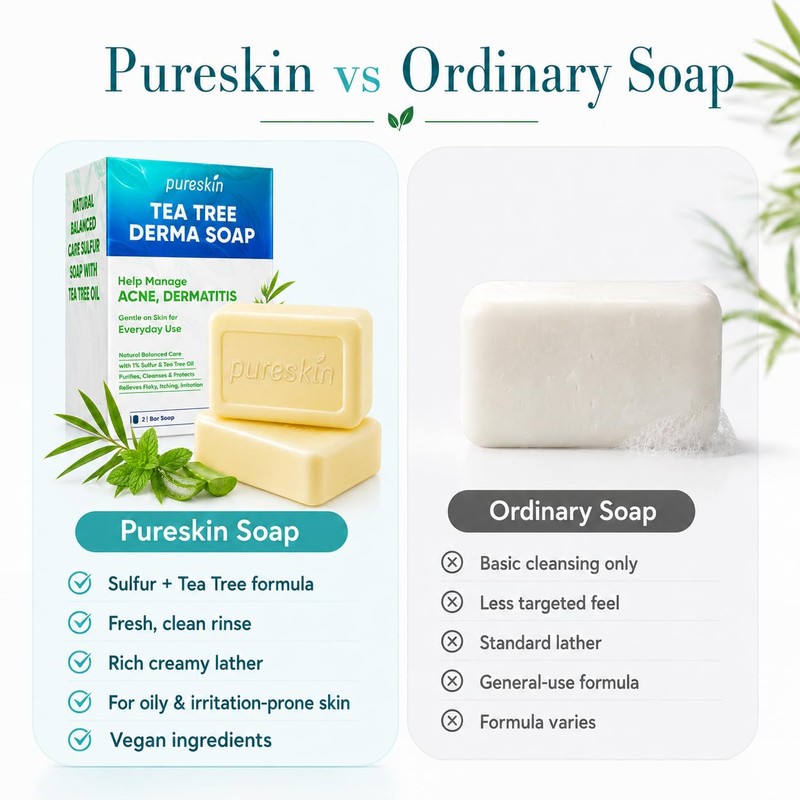 PURESKIN Sulfur & Tea-Tree-Oil Soap Bar: Natural Deep Cleansing for