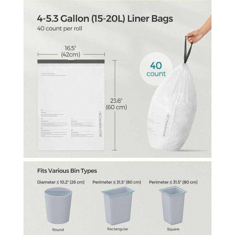 SONGMICS Trash Bags for 4-5.3 Gallon (15-20L) Trash Cans, 80