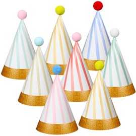 MotiMind 40 Pcs Birthday Party Hats with Pom Pom Colorful Stripe Cone Hat with Elastic String Assorted Lovely Birthday Hat Paper Celebration Headwear for Birthday Baby Shower Jamboree Photo Props