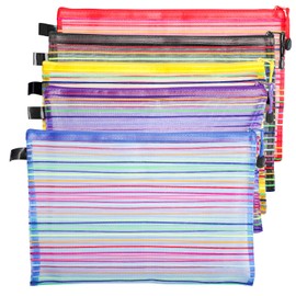 Pack of 6 Zip Mesh Bag, Document Bag A4, Mesh Pockets with Zip, Colourful Rainbow Stripes Mesh Document Bag for Office, School, Household and Travel Supplies