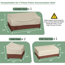 Patio Furniture Covers Waterproof 4-Piece, Covers for 4 Piece Patio Ourdoor Conversation Set, 4 PCS Patio Covers : Patio Loveseat Cover, 2 Ourdoor Chair Covers, Patio Coffee Table Cover -L-Beige&Brow