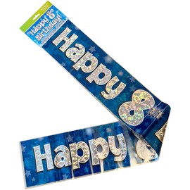 9ft Banner Happy 8th Birthday Blue Holographic Foil Pennant Age 8