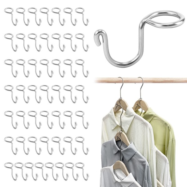 KWOKWEI Pack of 50 Metal Clothes Hangers Cupboard Hooks, Stainless Steel Clothes Hanger Connecting Hooks, Space Saving Cascading Hangers Hooks, Mini Clothes Hanger Extension for Clothes Organiser