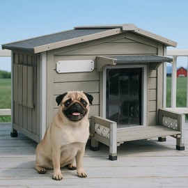Gowoodhut Wooden Dog House Outdoor Weatherproof Chew-Proof Iron Frame, Removable Floor, and Adjustable Window for Small Medium Dogs(Gray, 28.2" L x 18.1" W x 22.4" H)