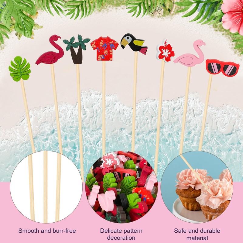 120 PCS Cocktail Picks Bamboo Toothpicks Pineapple Flamingo Beach Cactus