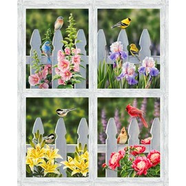 Morning Song Song Birds On A Garden Fence Panel Cotton Fabric Northcott 22748-92, Green