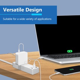 LIDER Outlet Extender with 3 Receptacles, USB Type-A and 2 USB Type-C Port, Ultra-Thin Flat-Plug with Cord Extender, 3-Outlet Power Strip, Slim Angled Design, Modern, 5ft Cord, White