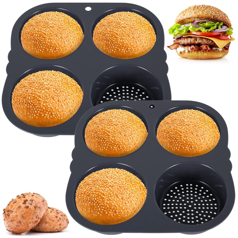 Abizarch 2Pcs Silicone Hamburger Bun Mold with 4 Cavities,Non-stick Hamburger