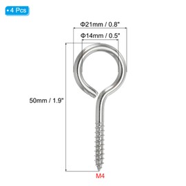 PATIKIL M4x50mm 4pcs 304 Stainless Steel Eye Screw Hook Self Tapping Eye Bolt Wood Fixing Cable Wire for Indoor and Outdoor Use Silver