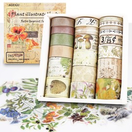 NIKOMIE 20 Rolls Vintage Washi Tape & 30 Pcs Flowers Birds Sticker Set, Aesthetic Masking Tape for Scrapbook Supplies, Junk Journal, Planner, DIY Decor, Gift Wrapping (Plant)