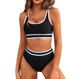 BMJL Women's High Waisted Bikini Sets Sporty Two Piece Swimsuit Color Block Cheeky High Cut Bathing Suits(XL,Black)