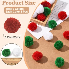 SUNNYCLUE 24Pcs 3 Colors 25mm Christmas Pom Pom Balls Craft Pompoms Large Bulk Polyester Red Green White Round Fluffy Winter Small Pompoms for Crafts DIY Making Creative Hats Arts Holiday Supplies