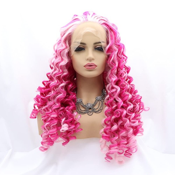 Xiweiya Ombre Lace Front Wig Light Pink Curly Synthetic Hair Red Loose Curly Soft Lace Heat Resistant Fiber High Density for Women 20 Inch