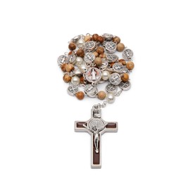 Mondo Cattolico Rosary Beads, Our Father Pearl Beads Round Enameled St. Benedict Centerpiece and Crucifix - Rosarios Catolicos Rosary Beads Necklace in Paesina Stone.