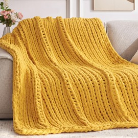 Negwoo Chunky Knit Throw Blanket, 50''*60'' Knitted Throw Blankets for Bed Couch, Handmade Thick Yellow Crochet Blanket Big Thich Blanket, Machine Washable Cute Comfy Blanket for Home Decor
