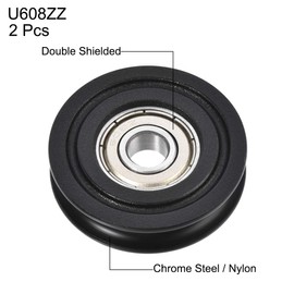 uxcell U608ZZ Nylon Pulley U Groove Ball Bearing Roller Guide Wheel 8x40x10mm Double Metal Shielded (GCr15) Chrome Steel Bearings Black 2pcs