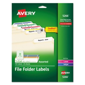 Avery 5266 Permanent Filing Labels, 1/3 Cut, 750/Pk, Rd/Be/Gn/Pe/Yw