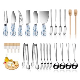 Marble Blue Cheese Knife Set, Ceramic Handle Charcuterie Board Accessories Butter Spreader Knife Cheese Slicer Knife With Serving Tongs, Spoons, Forks, Flags Cheese Markers, Wooden Honey Dipper