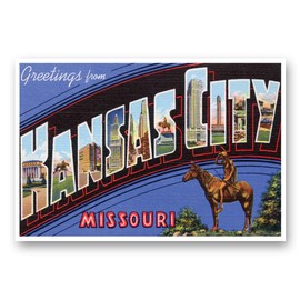 GREETINGS FROM KANSAS CITY, MO vintage reprint postcard set of 20 identical postcards. Large Letter Kansas City, Missouri city name post card pack (ca. 1930's-1940's). Made in USA.