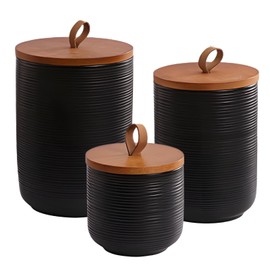 Food Storage Jar Strong Ceramic Storage Canisters with Airtight Wooden Lid,Kitchen Storage Containers for Serving Coffee Beans, Tea, Sugar, Salt, Spices (Black three-piece set)