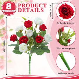 Zeyune 8 Bunches 12 in Artificial Mini Rose Bouquet Bridal Flower Bouquets Fake Roses Silk Roses for Home Office Garden Parties Wedding Mother's Day Decoration (Red and White)