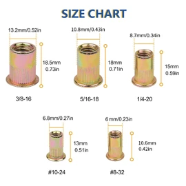 100PCS 1/4"-20 Rivet Nuts, Carbon Steel UNC Rivet Nut Set, Flat Head Threaded Rivets Nut Inserts for Metal(1/4"-20)